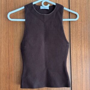Babaton Aritzia Dark Brown Ribbed Knit High Neck Tank Top Size S